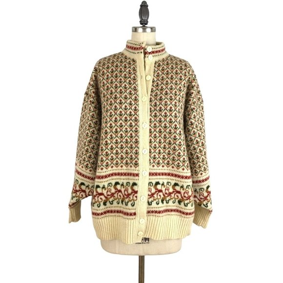 Compliments Sweaters - Compliments Vintage Pure New Wool Cardigan Sweater Fassett Fair Isle Tulips XL